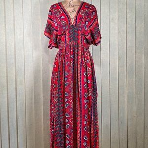 Medium fit red tropical floral midi / maxi short sleeve dress, plunge neckline.